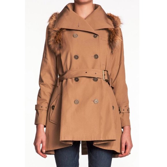 Rebecca Minkoff Runway Jacquelyn Khaki Fox Fur-Trim Trench Coat - Picture 2 of 8